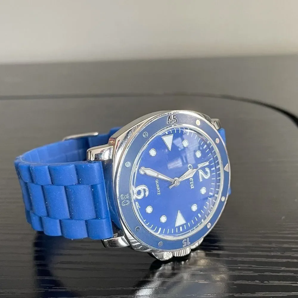 Geneva Rubber Band Silver & Blue Stainless Steel Back Watch